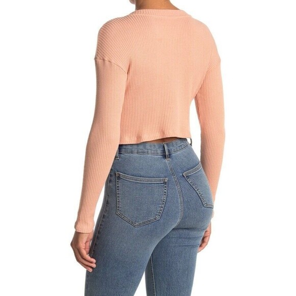 Lush Ribbed Long Sleeve Henley Top Womens S Button Cropped Tan Knit Casual NWT - Picture 2 of 6